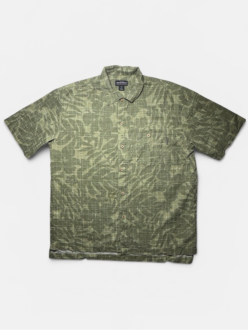 Woolrich Men’s Large Green Tropical Leaf Print Button Up Shirt Short Sleeve